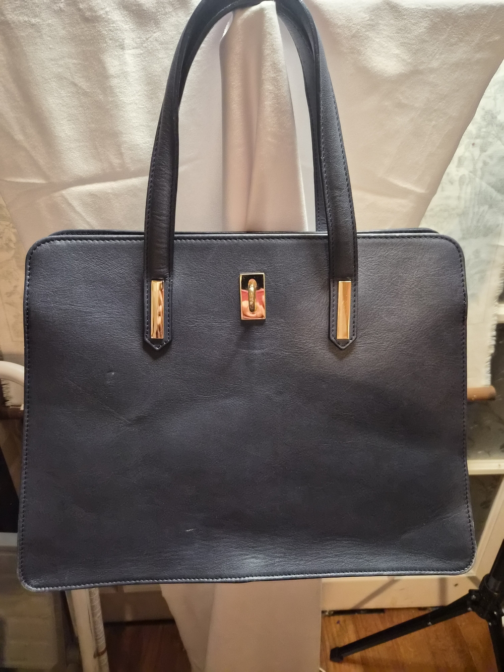 Italian Vera Pelle Genuine Leather Navy Satchel Tote Purse Gold Hardware